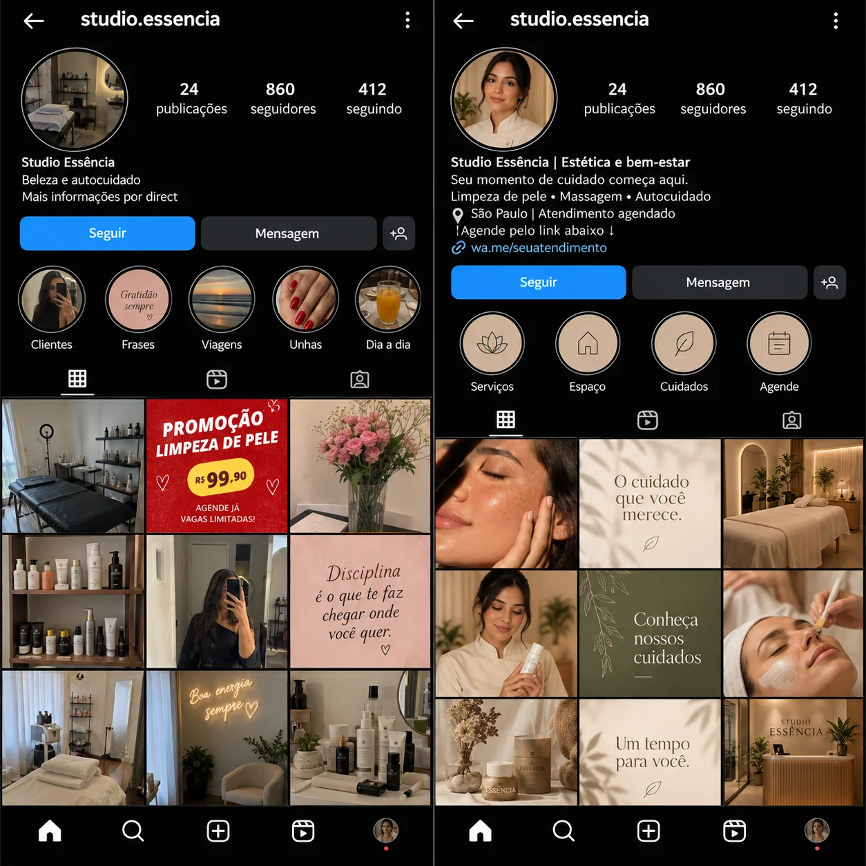 Perfil A fictício do Studio Essência, com fotos sem padrão, bio vaga e destaques misturados.